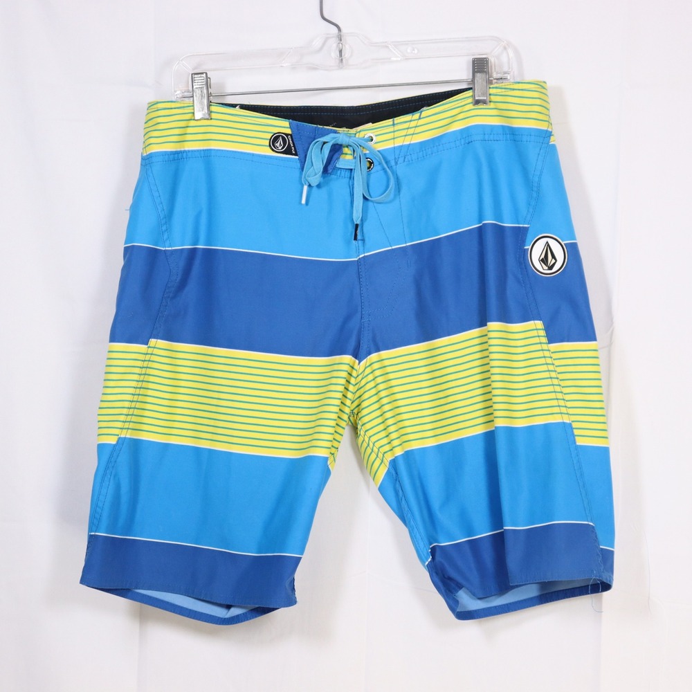 Volcom Board Shorts 33 Blue Mens Striped 2-Way‎ Stretch Swim Trunks